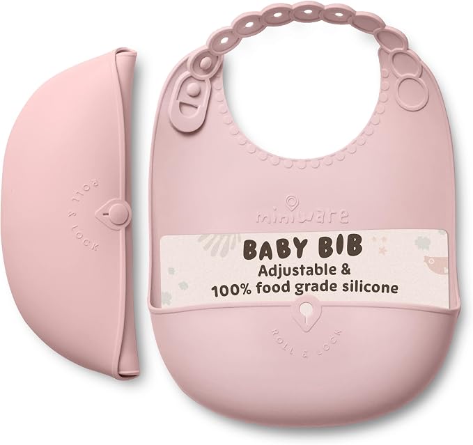 Miniware Roll & Lock Silicone Baby Bib, Easy Mealtime Cleanup - Food-Grade Adjustable Neck Strap and Food Catcher