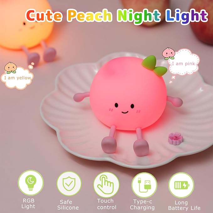Night Light for Kids, Cute Peach Soft Silicone Nursery Light with 7 Colors & 3 Levels Adjustable Warm Light, Rechargeable Touch Control Pat Light, Bedside Baby Night Light Gift for Kids (Multicolour)
