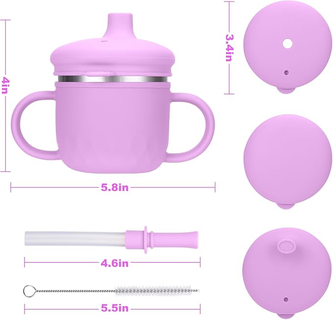 BUSOHA Stainless Steel Toddler Sippy Cup ??8oz Spill-Proof Straw Cup for 6+ Month Babies & Toddlers, 3-in-1 Reusable Travel Cup with Brush ??Dishwasher Safe, Kids Drinking Cup,Purple