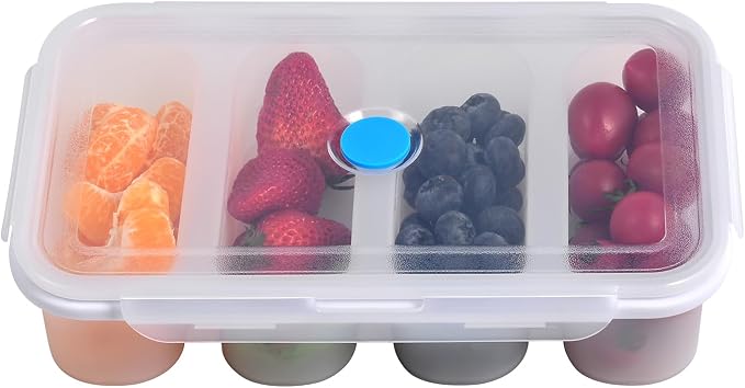 Divided Snack Serving Tray with Lid, Silicone Food Storage Box, Portable Snack Container with 4 Compartments, Microwave & Dishwasher Safe, White, Divided Bento Snack Box for Work, Travel or Picnics