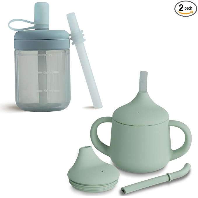Moonkie Baby Straw Cup & Silicone Sippy Cup Set | 3-Stage Toddler Training Cup, BPA-Free, Drop-Proof, 5oz & 4oz Cups | Ideal for Baby Led Weaning, 6 Months+ | Spill-Proof, Food-Grade Silicone, 2-Pack