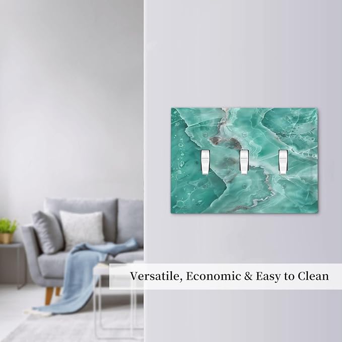 Turquoise Green Tiles Abstract Luxurious Print Decorative Switch Plates 3 Gang Wall Plate Triple Toggle Light Switch Cover Faceplate Electrical Wall Panels for Bathroom Kitchen Decor