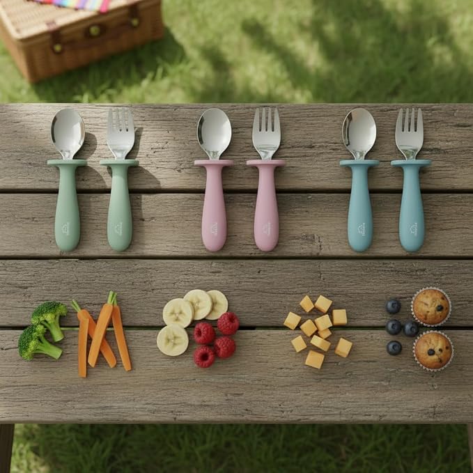 Toddler Stainless Steel Spoon & Fork Set, Non-Slip Silicone Handle, BPA-Free, Self-Feeding (Blue Light)