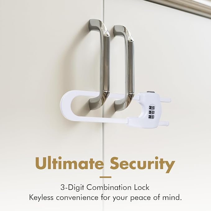 4 Pack Cabinet Locks Baby Proofing Upgrade Child Proof Cabinet Lock Adjustable U-Shaped Code Locks Sliding Cabinet Door Lock Latches Set for Cupboard Knob Handle Drawers Closet (White)