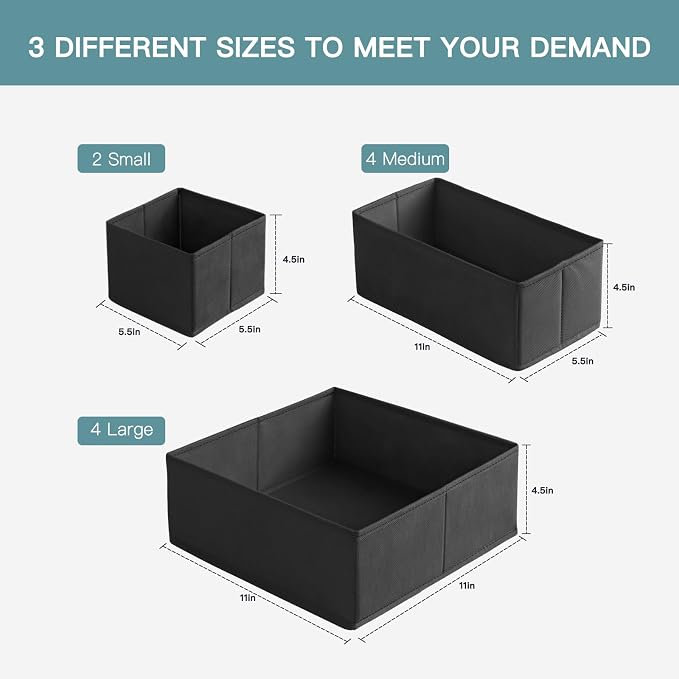 Criusia Drawer Organizer Clothes, 10 Pack Dresser Organizer for Baby Clothes, Underwear, Sock- Foldable Closet Organization and Storage Dividers Bins for Nursery, Bedroom (Black)