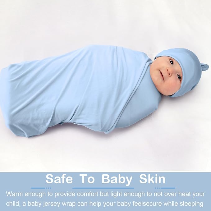 JaGely 2 Pcs Stretchy Baby Swaddle Blankets Set with Hats Extra Soft 47" x 47" Newborn Nursery Swaddle Wrap for Baby Girls and Boys(Light Gray, Light Blue)
