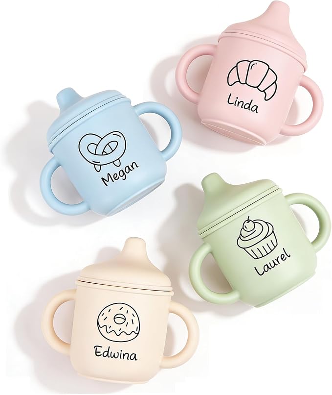 Personalized Baby Sippy Cup with Engraved Name Soft Silicone Training Cup for 6+ Months | Leak Proof, 5oz Toddler Cup with Handle | BPA-free Newborn Gift