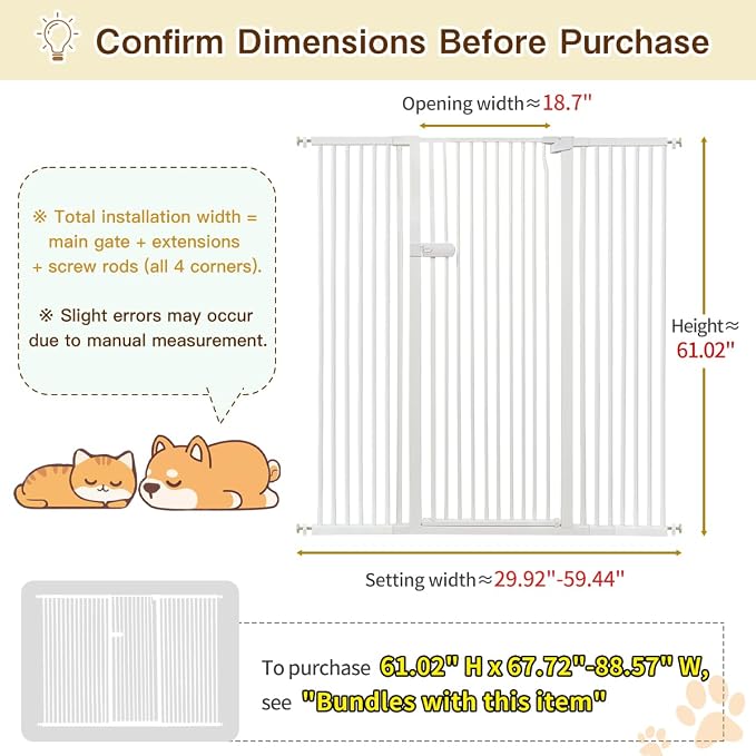Lumizone Extra Tall Cat Gate 61.02" High Pressure Mounted 29.92"-59.44" Extra Wide 1.37" Gap No Drilling Auto-Close One-Handed Operation Tall Pet Gate for Dogs(White, 61.02" H x 29.92"-59.44" W)