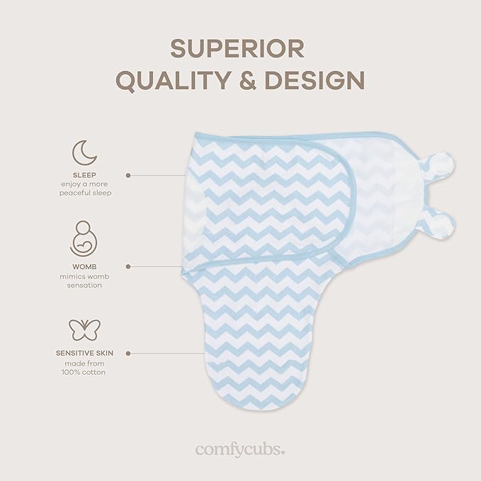 Comfy Cubs Easy Swaddle Blanket, 3 Pack - 100% Cotton Newborn Wrap, Large for 3-6 Months Infants, Breathable and Durable Sleep Sack for Babies - Blue