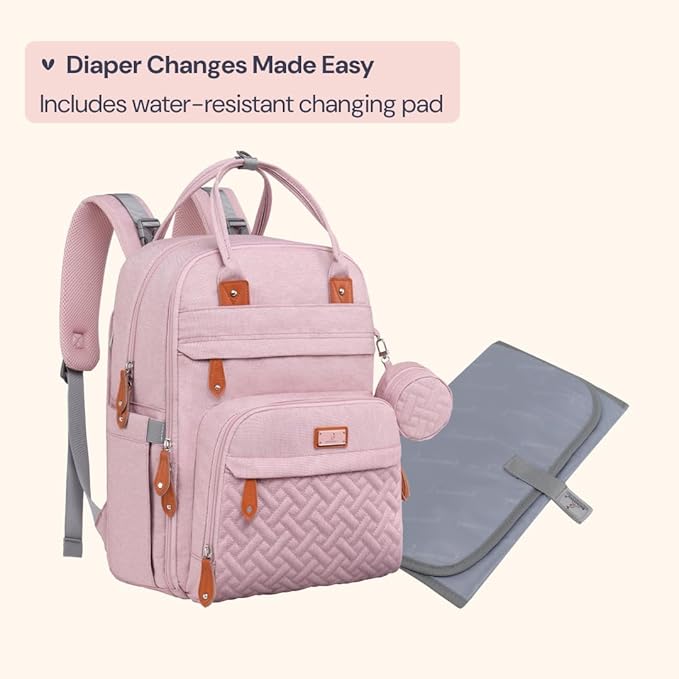 BabbleRoo Diaper Bag Backpack - Baby Essentials Travel Tote - Multi function Water Resistant Diaper Bag, Travel Essentials Baby Bag with Changing Pad, Stroller Straps & Pacifier Case - Unisex, Pink
