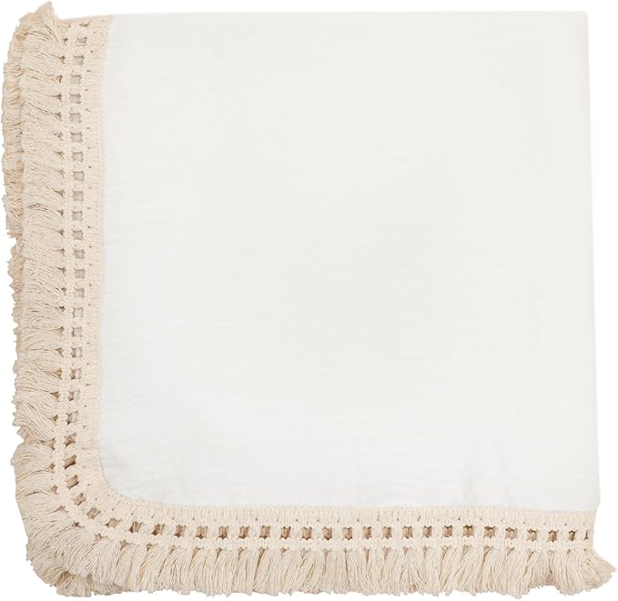 Cotton Muslin Baby Blanket with Tassel,Panda Lovey Security Blanket,Soft Breathable Nursery Decor,Nursing Cover for Newborn Infant Toddler 47"x47" (White)
