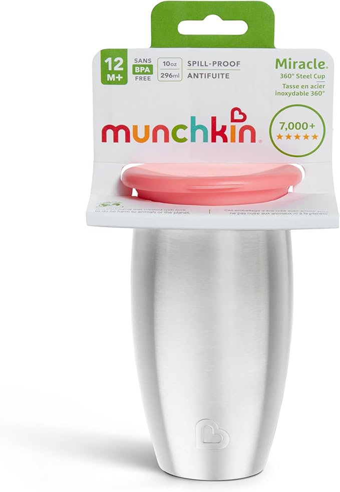 Munchkin Stainless Steel Sippy Cups for Toddlers 1-3, Spill Proof Miracle 360 Cup, Insulated, 10 Ounce, Pink