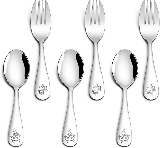 E-far Toddler Utensils, 6-Piece Stainless Steel Little Kid Silverware Set, Metal Small Forks and Spoons Flatware for Self-Feeding, Children Safe & Rounded Edges, Non-toxic & Dishwasher Safe