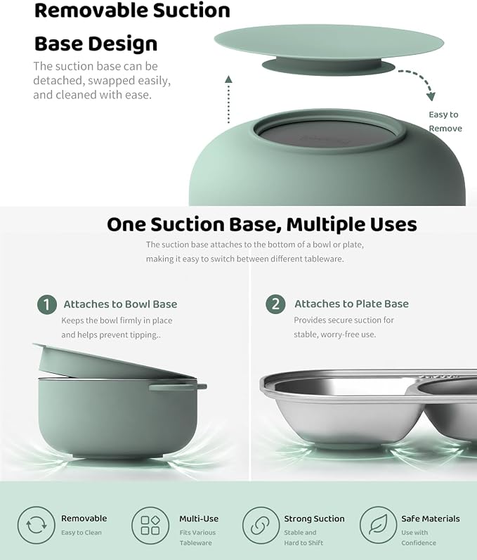 Bakpoco Toddler Plates and Bowls Set Stainless Steel Feeding Set with Suction, Detachable Baby Bowls, Kids Plates, Cup & Utensils, Baby Feeding Essentials for Self Feeding, Dinnerware Set, Sage