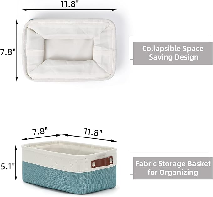 HNZIGE Storage Baskets Bins Set, (6 pack) Small Fabric Baskets for Shelves, Baskets for Gifts Empty with Handles for Organizing Shelf Nursery Home Closet Clothes room(White Teal, 11.8" x 7.8" x 5.1")