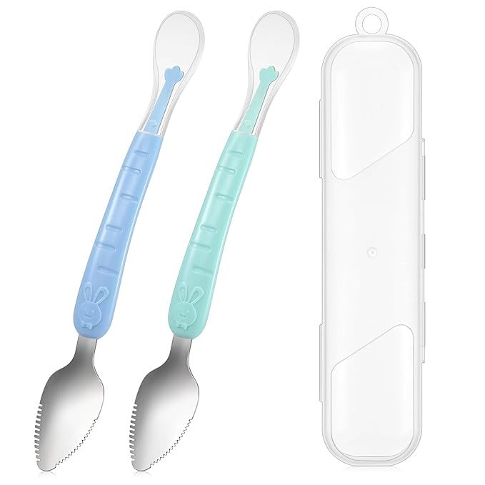 Lallisa 2 Pcs Double Head Baby Food Spoon Silicone Baby Fruit feeder Soft Feeding Food Scraper for Infants Fruit Mud Feeding (Cyan and Blue)