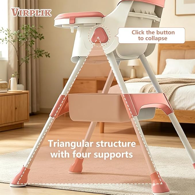 Foldable 4-in-1 Baby High Chair for Babies & Toddlers, High Chair with Detachable PU Cushion, Removable Tray, Adjustable Height, Locking Wheels,Pink