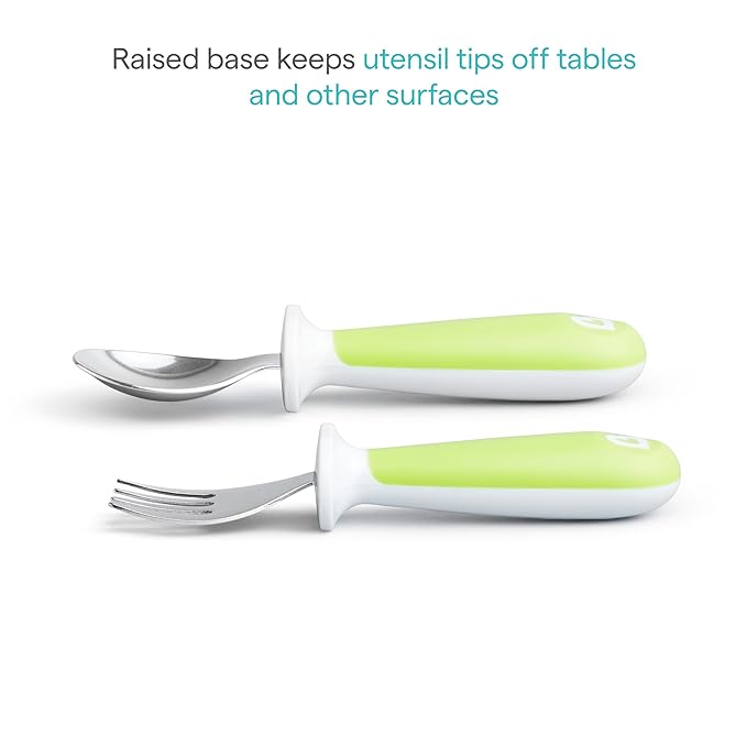 Munchkin® Raise??Toddler Fork and Spoon Utensil Set, Rest Keeps Tip Off Table, BPA Free, 4 Pack, Blue/Green