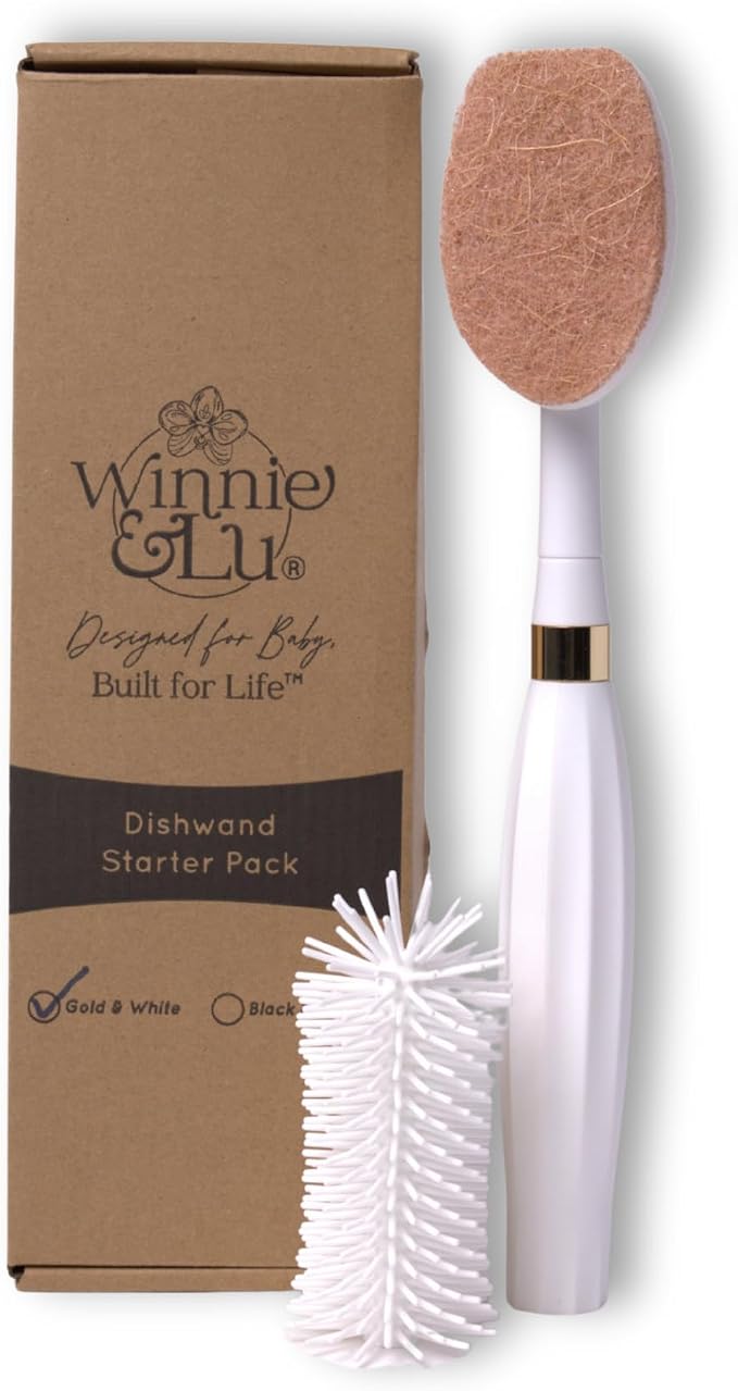 Spristle Wand Starter Set by Winnie & Lu – Premium Dish Wand & Bottle Washer Set, Interchangeable Sponge, Silicone Bristle Head, Eco-Friendly Cleaning (White & Gold)