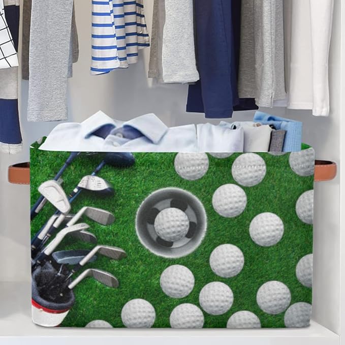 Golf Ball Storage Basket, Sport Golf Ball Foldable Storage Bin with Handle Fabric Rectangular Storage Box Organizer for Closet Shelf Home Office Nursery Toy Basket, 2 Pack