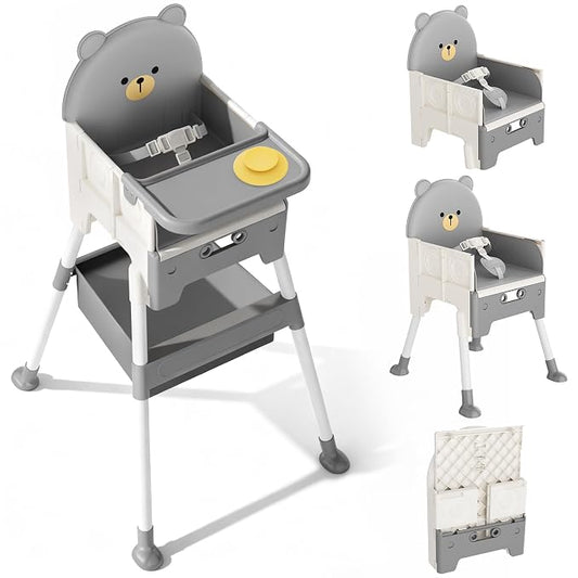 Baby High Chair 3 in 1 High Chairs for Babies and Toddlers Bear Toddler Chair Adjustable Height Highchair with Bib and Storage Bag for Baby Convenient Comfortable Feeding（Grey）