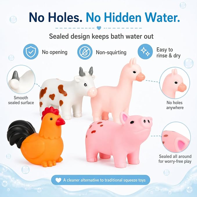 No Hole Bath Toys for Babies, 6 Pack Sealed Farm Animal Bath Toys for Toddlers 1-3 with Mesh Storage Bag, Soft Non-Squirting Baby Water Toys, Cow Pig Horse Sheep Chicken Alpaca