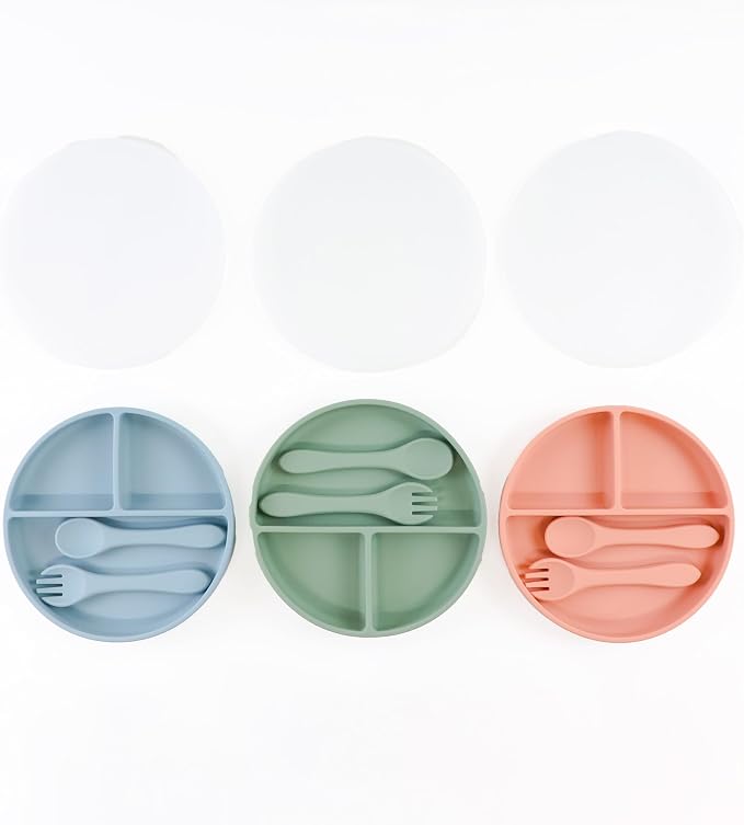 Silicone Baby Feeding Set| Silicone Divided Suction Plate and Bowl with Lids |Toddler Feeding Set| Training Cup with Straw|Fork Spoon Bib| Toddler Baby Led Weaning Supplies (Green)