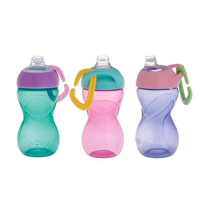 Nuby No-Spill Clik-It Soft Spout Sippy Cup with Carabiner Clip - (3-Pack) 10 oz - Baby Sippy Cup for 6+ Month Old with Easy Grip - Aqua/Pink/Purple
