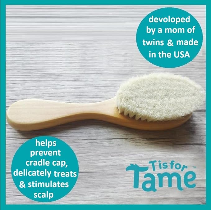 T is for Tame - Ultra Soft Premium Wooden Hair Brush, Natural Bristles for Delicate Baby Scalps, Prevents Cradle Cap, Real Beech Wood Handle (Single Brush)