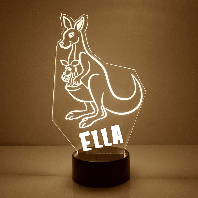 Custom Kangaroo LED Sign Night Light Lamp with Remote, Light Up Display with Personalized Name or Image, Customized, Made in The USA, Clear Acrylic Home Decor Design with 16 Colors, 4 Modes