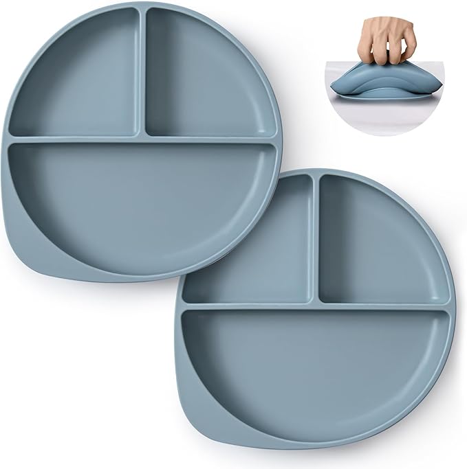 Suction Plates for Babies & Toddlers, 100% Silicone Divided Plates 2-Pack, Non-Slip Dishwasher & Microwave Safe Baby Feeding Essentials