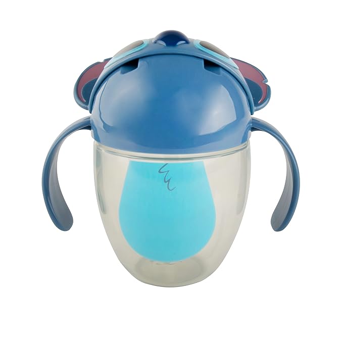 The First Years Disney Stitch Weighted Straw Cup - Spill Proof Toddler Straw Cups with Flip Top Cover - Transition Sippy Cups - Toddler Feeding Supplies - 7 Oz - Ages 6 Months and Up
