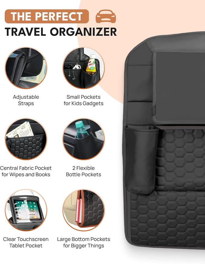 Owleys Back Seat Car Organizer for Kids, Front Passenger Caddy, Center Row Vehicle Storage with Pockets ??Premium Eco Leather, 8 Compartments, Black Travel Accessory for SUV, Truck, Sedan, Van, Jeep