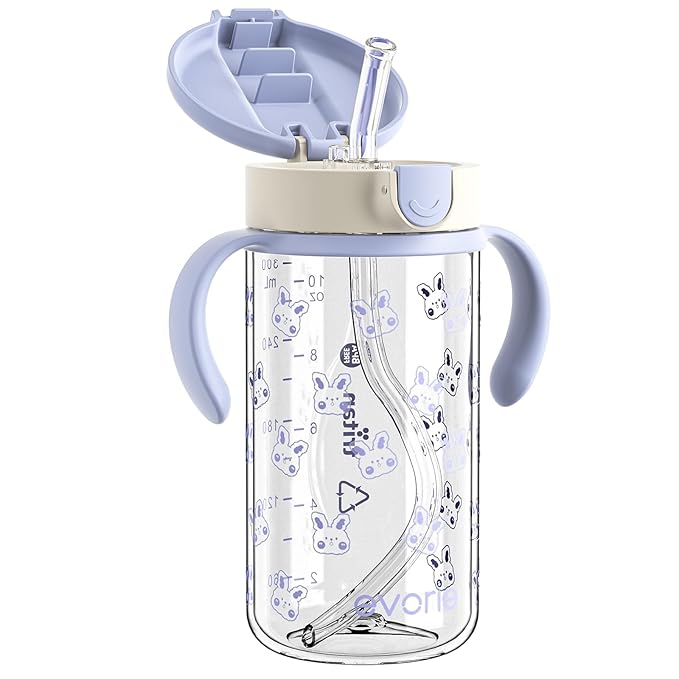 Evorie Tritan Spill Proof Toddler Straw Sippy Cup, 10 oz for Baby and Toddlers 1-3 Years Old, No Spill Straw Water Bottle with Removable Handles, Ideal for School, BPA-Free, Blue Rabbit