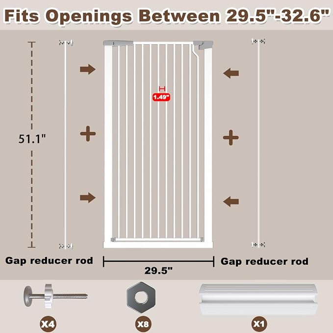 Fairy Baby 51.18" Extra Tall Cat Gate for Doorway, Adjustable 29.5"-32.6" Wide Pressure Mounted Dog Gate Indoor for Stairs, Child Safety Gate Metal Auto Close Baby Gate for Pet Kid Walk Through, White