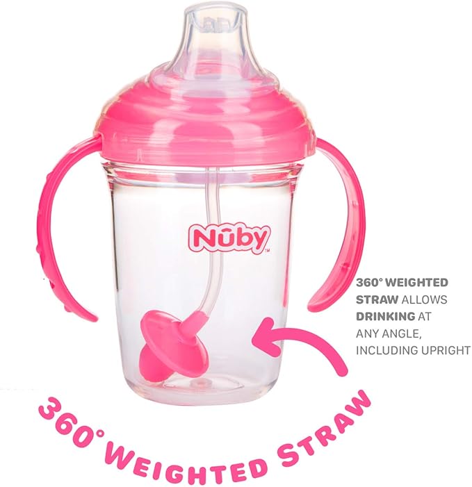Nuby 360 Grip N' Sip 8oz Tritan Cup, Weighted Straw with Hygienic Cover, Pink