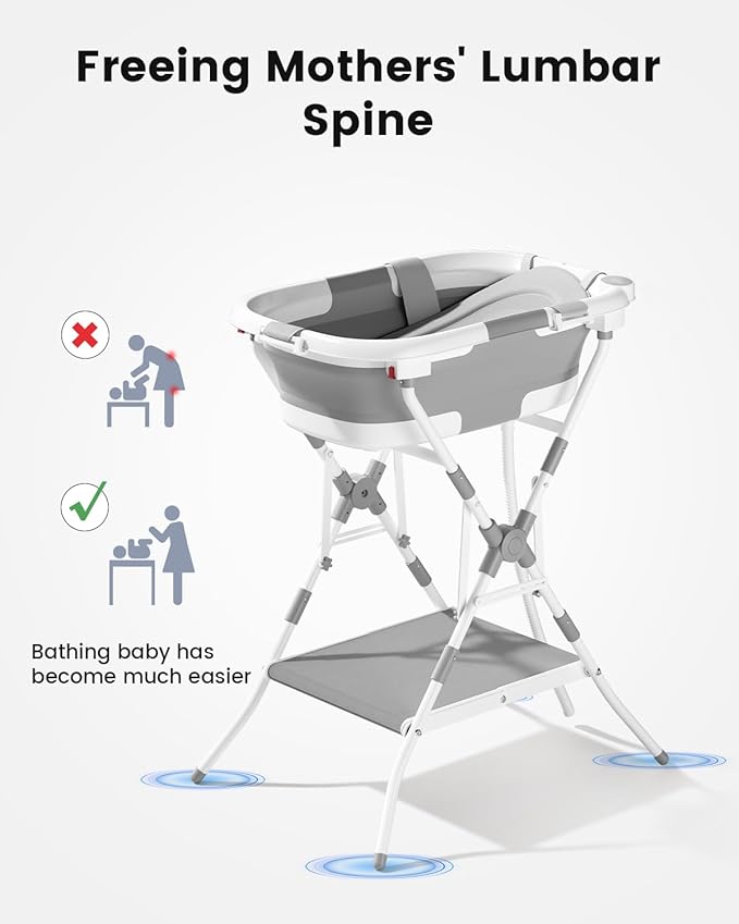 Baby Bathtub with Stand, 2-in-1 Collapsible Bath Tubs for Newborn to Toddler, Infant Bathtub with Folding Stand, Portable Bathtub for Baby Including Soft Cushion, Storage Pad