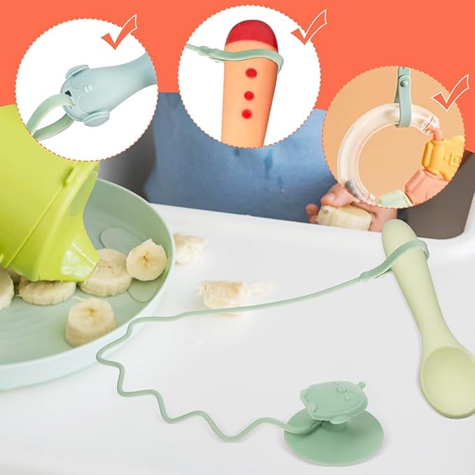 Toy Strap Spoons for Infant Spoon Fork Set Holder Anti-drop Chain Silicone Suction Cup Toddler Green Color