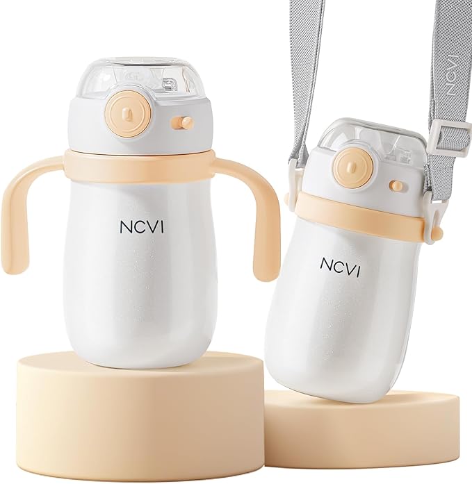 NCVI Kids Stainless Steel Straw Cup for Toddlers 1-3 Years Old, Training Tumbler with Straw Spill Proof with Handle, Insulated Bottle to Keep Cold Warm for Water/Milk/Drink, Yellow 10oz,Christmas Gift
