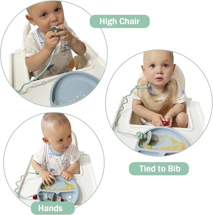 4PK Baby Spoon and Fork with Holder Straps for Kids Aged 6+ Months Self Feeding, No Throw Toddler Travel Essential Leash for High Chair or Bib or Wrist, Silicone Baby Led Weaning Supplies-Green/Green