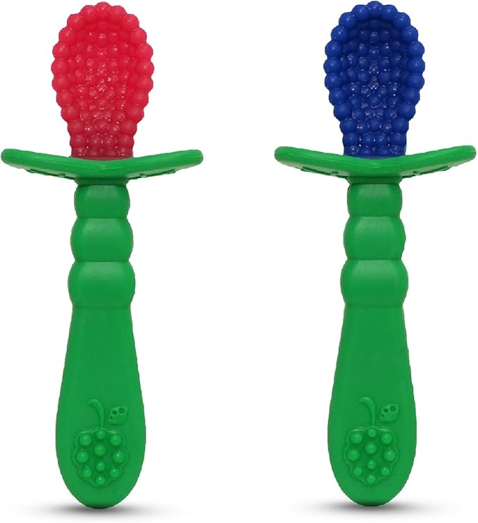RaZbaby RaZberry Spoon (2-Pack), Multi-Textured Silicone for Grip & Comfort During Feeding ??Perfect for Self-Feeding Training ??BPA-Free, Easy to Hold, Dishwasher & Sterilizer Safe for Easy Cleaning