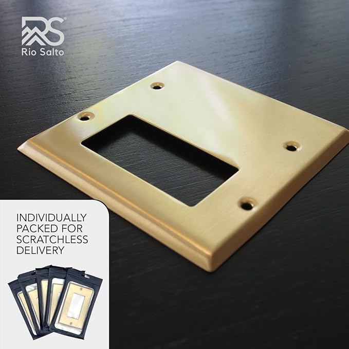 Rio Salto Metal 2-Gang Gold Outlet Cover or Light Switch Cover Wall Plate, Blank Rocker Combination Wallplate Decorator Covers 2 Gang Double STANDARD SIZE Brass (Blank Rocker Combo)