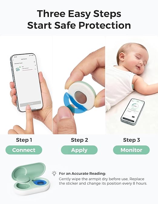 Momcozy Wearable Digital Thermometer for Baby, Medical-Grade Accurate Smart Thermometer, Instant Reads, APP Real-time Monitoring for Infants & Kids, Hypoallergenic 3M Stiker,Bluetooth, Green