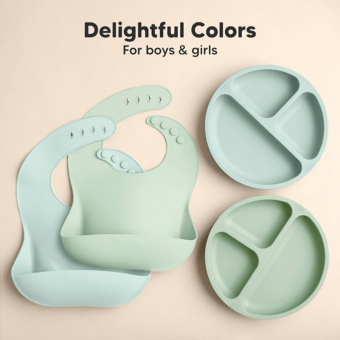 KeaBabies 2-Pack Silicone Bibs for Babies, Toddlers Girl, Boy ??Sturdy Food-Grade Baby Bibs for Eating, Large Food Catcher, Clean & Put On Easily, Waterproof Toddler Feeding Essentials(Pastel Sky)