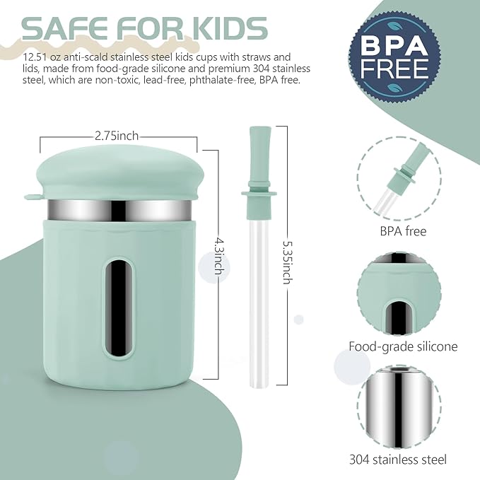 Stainless Steel Kids Cups, 12.51 oz Toddler Tumbler with Straws and Lids, Spill-Proof Baby Smoothie Cups with Silicone Sleeve, Versatile 2-in-1 Drinking Snack Cups for Kids, 4 Colors B