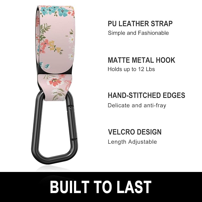 Baby Stroller Hooks for Hanging Bags, Universal Stroller Clips Accessories, Mommy Hook for Diaper Bag, Shopping Cart, Purse, Backpack - 2 Pack, Pink Flower