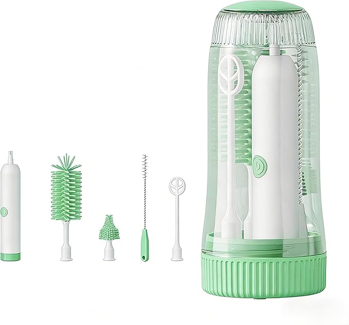 Portable Electric Silicone Bottle Brush Set, 7-in-1 UV Light USB Charging, Nipple/Straw Cleaner, Milk Mixer, Built-in Drying Rack & Storage Case, BPA-Free, IPX7, On-the-Go for New Parents (Mint)