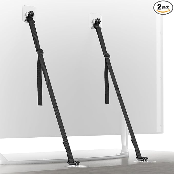 2 Pcs Tv Safety Straps Adjustable,No Drill Anti Tip Furniture Anchors for Baby Proofing,Adhesive/Screw Fastening Type Furniture Wall Anchor, Earthquake Straps