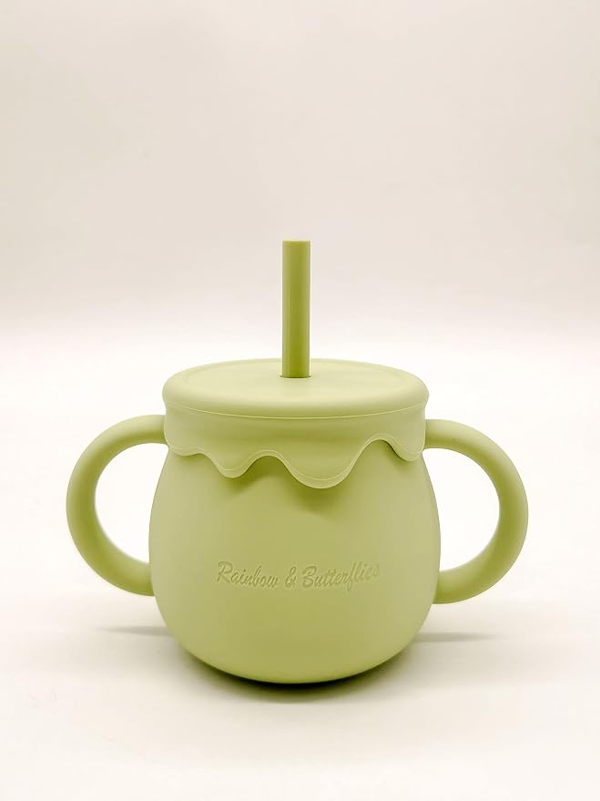 Rainbow & Butterflies |8 Piece| DINO Silicone Baby Feeding Set – |Bib, Suction Bowl, Suction Plate, Sippy Cup, 2-in-1 Straw & Snack Cup Lid, Straw & Spoon| – Food Grade Silicone, BPA Free (Olive)