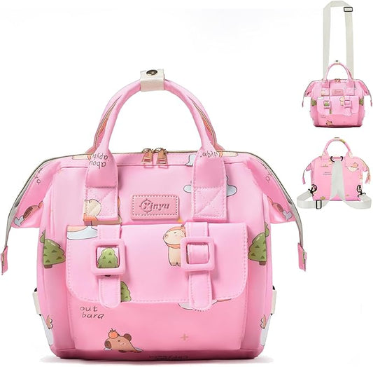 Small Diaper Bag Crossbody Backpack, 4 in 1 Mini Travel Mommy Tote w/Shoulder for Stroller, Small Toddler Daiper Tote with Insulated Pockets, Compact Baby Bag for Mom (Pink Animal)